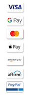 Payment Options such as PayPal, Google Pay, Amazon Pay, Master Card, Visa, Apple Pay, Affirm, and more