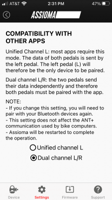 On the next page, select &quot;Dual Channel L/R&quot;.  This will make your power pedals each broadcast their own power on separate Bluetooth Channels.
