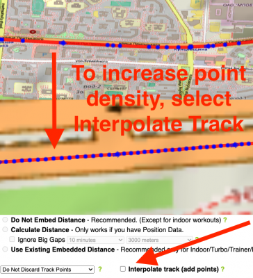 Notice the difference in point density between the top track (blue dots) and lower track (also blue dots).  In the upper track, Strava may think you are "stopped" between the points.