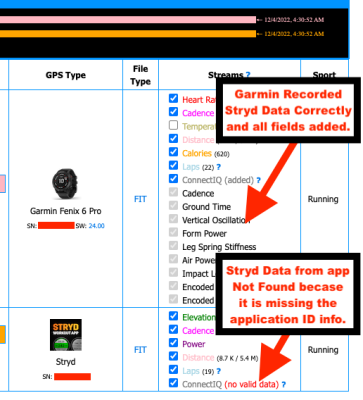 Example of what you will see in GOTOES - comparison of a properly formatted file (Garmin getting the data from a Stryd device).... and improperly formatted file (the data coming directly from the Stryd app).
