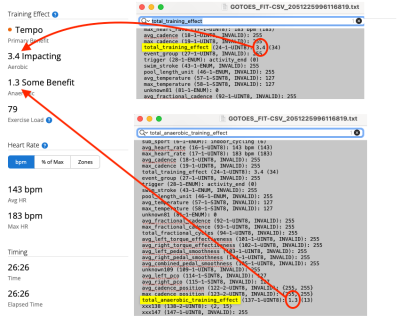 Screen Shot 2024-12-04 at 7.02.16 AM.png (203.6 KiB) Viewed 44548 times Notice how in this example, the values found in the diagnostics file do match what is shown on Garmin Connect. You can test this with your GOTOES exports, and you will see that while the values in the GOTOES file are correct, Garmin might "disrespect" those values and re-calculate your training_effect based on your heart rate.