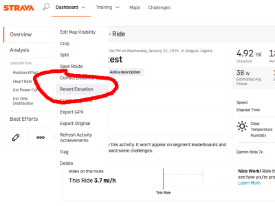 Screenshot from 2025-01-22 18-47-30.png (75.5 KiB) Viewed 10706 times Select Revert Elevation. If you have the option to Revert Elevation, that means Strava did an override anyway.
