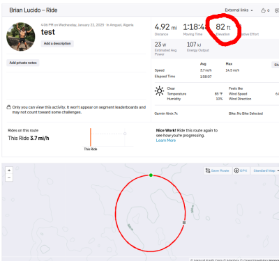 Screenshot from 2025-01-22 18-48-48.png (107.16 KiB) Viewed 10706 times Back to 82 feet of climbing after Strava calculated it to be 297 feet.