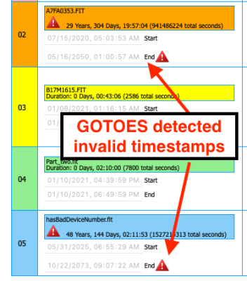 Here is what it looks like when GOTOES detects invalid timestamps.  You will need to delete these manually.