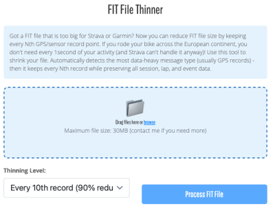 The FIT File Thinner will remove extra points in your file - but don't use this tool unless you know that the problem is that your file is too big.  Too big is a FIT file size more than about 10MB or so...