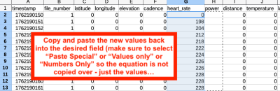 Copy and paste - make sure to select "Paste Special" or use whatever technique is needed to paste only the values - not the equations (otherwise you might get an error).  Save the modified file and re-upload to the GOTOES merger tool.  Even though it is called a Merge tool, you can upload single files too for the sake of converting to GPX / TCX / FIT
