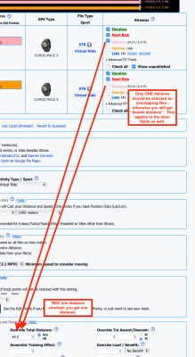 Here is a "correct" way to merge distance, however note that the user has still double-checked Elevation and heart rate.  That means that the end result will oscillate between the elevation/heart rate for these two files. That may lead to confusing or jagged graphs.