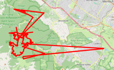 The GPS track contains numerous wildly inaccurate location points, causing long straight-line jumps across the map