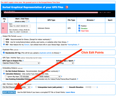 Click the "Edit Points" Button. This will let you find where the GPS bugged out.