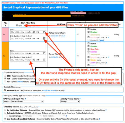 Change the Start/Stop time of your friend's activity so you only have the portion you need to fill the gap.  Trim your activity to END right as the friend's activity begins.